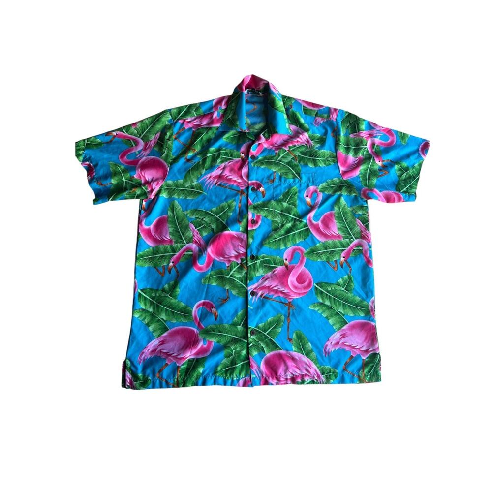 Alvish Men's Hawaiian Big Pink Flamingo Aloha Beach Satin Shirt Size Large